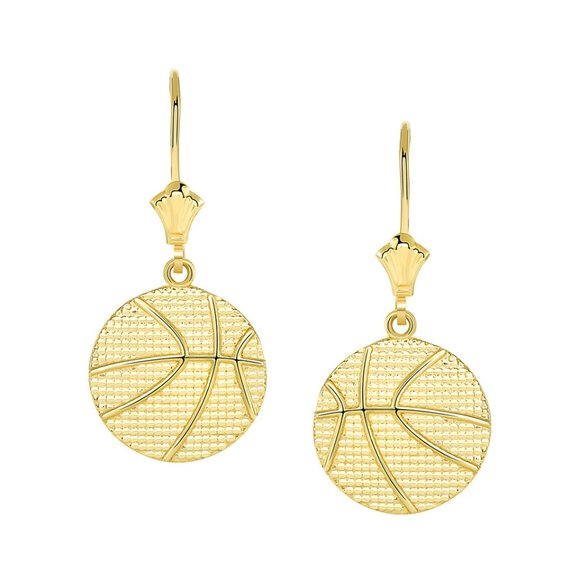 10K Solid Gold Basketball Sports Leverback Earrings -Yellow, Rose, White